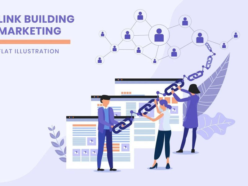 Flat illustration of a team building backlinks between websites